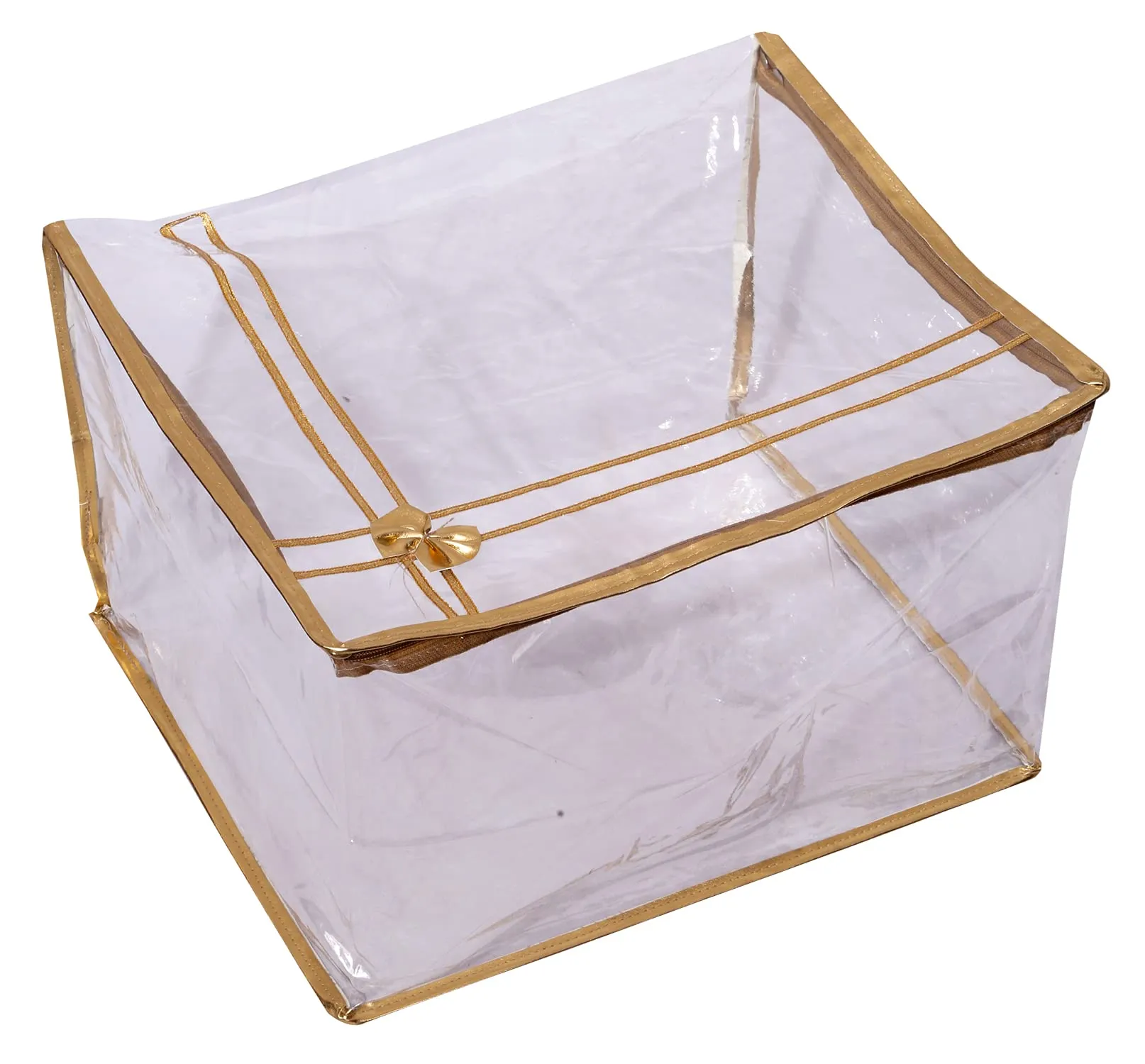 Kuber IndustriesBow Design 12"inch Transparent Saree Cover/Clothes Organiser For Wardrobe With Golden Border (Set of 3,Gold)-HS_38_KUBMART21544