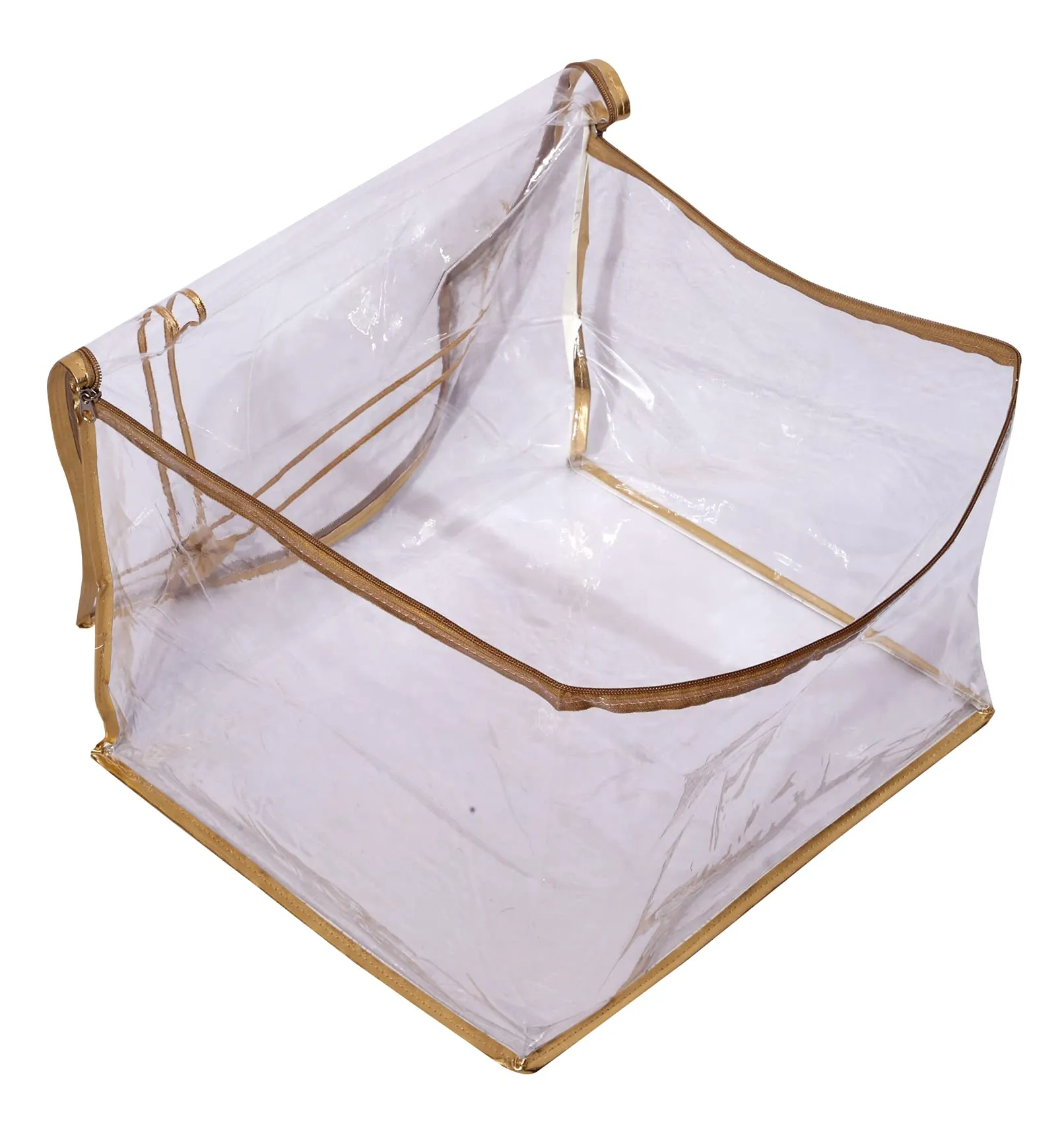 Kuber IndustriesBow Design 12"inch Transparent Saree Cover/Clothes Organiser For Wardrobe With Golden Border (Set of 3,Gold)-HS_38_KUBMART21544