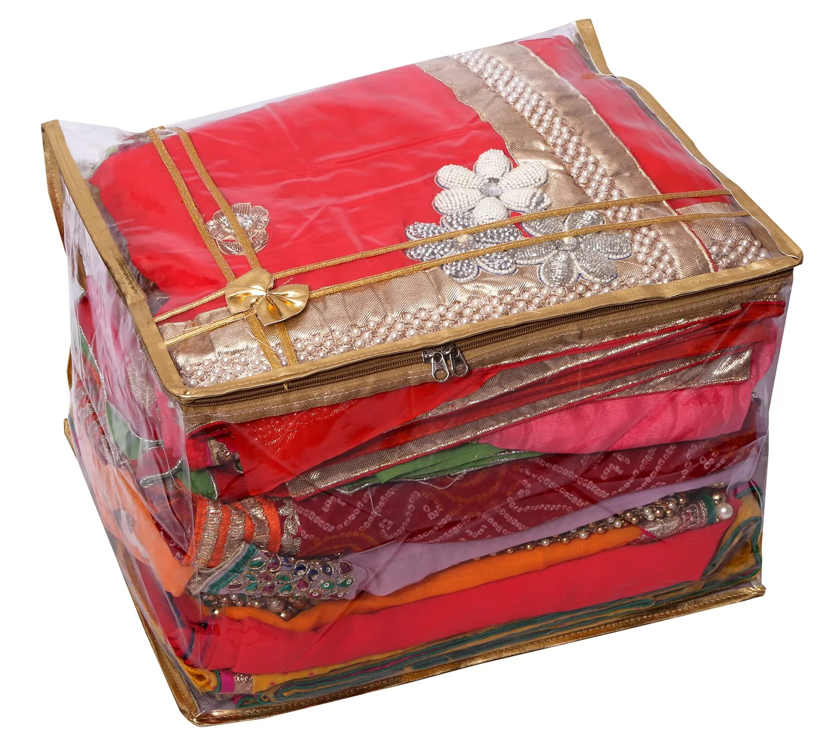 Kuber IndustriesBow Design 12"inch Transparent Saree Cover/Clothes Organiser For Wardrobe With Golden Border (Set of 3,Gold)-HS_38_KUBMART21544