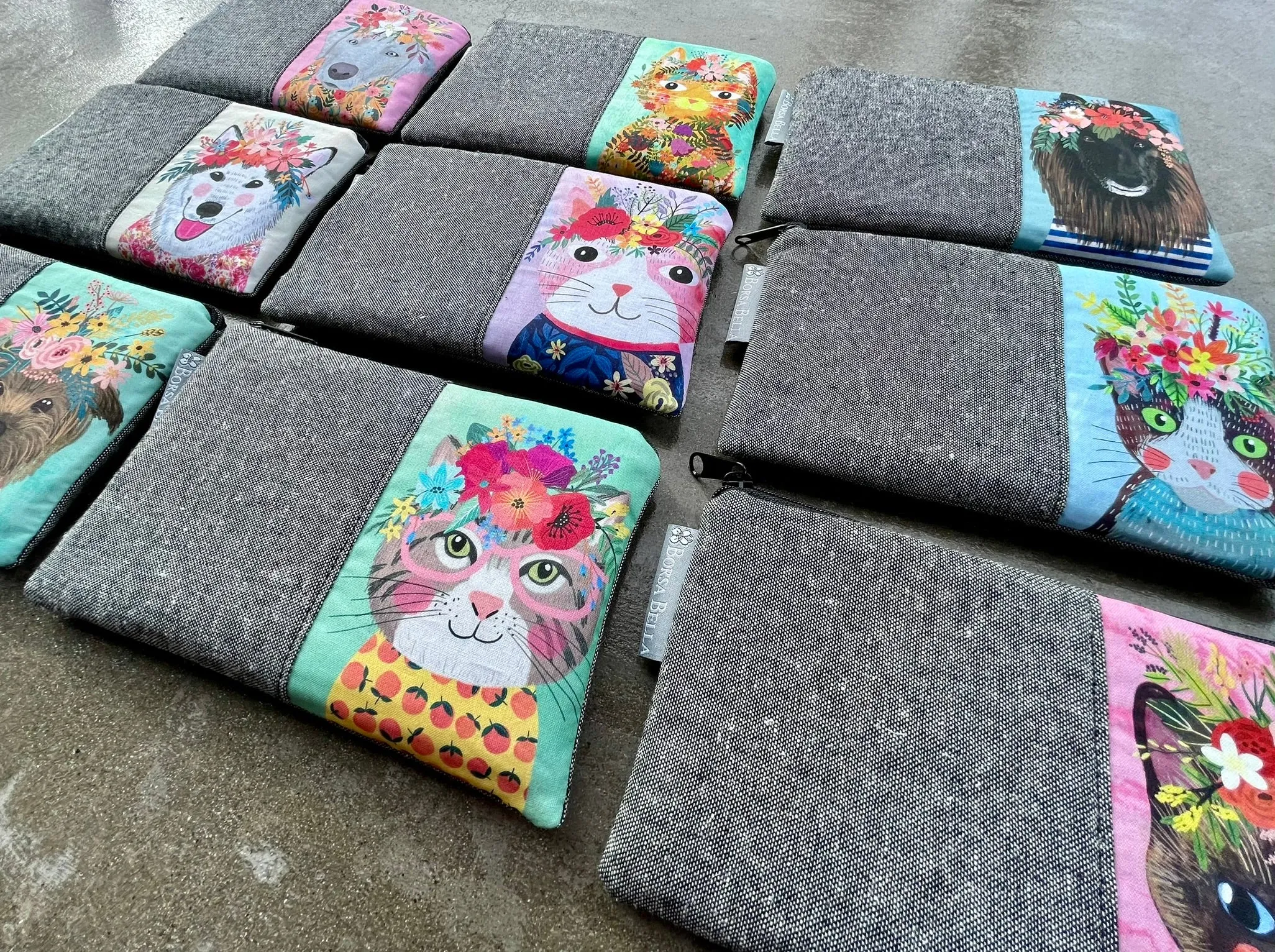 Limited Edition Catch All Zippered Pouch - Cat with Glasses with Green Background