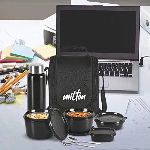 Milton Pro Lunch Tiffin (3 Microwave Safe Inner Steel Containers, 180/320/450 ml; 1 Plastic Chutney Dabba,100 ml; 1 Aqua Steel Bottle, 750 ml, Steel Spoon and Fork) With Insulated Fabric Jacket, Black