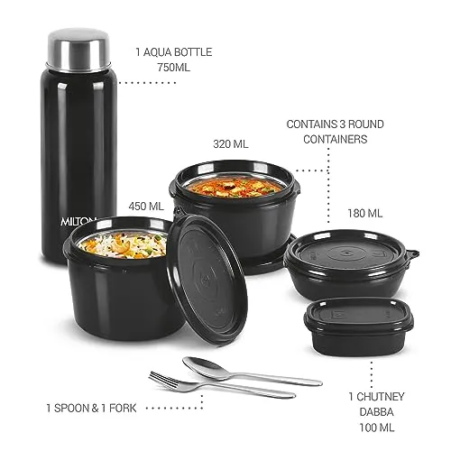 Milton Pro Lunch Tiffin (3 Microwave Safe Inner Steel Containers, 180/320/450 ml; 1 Plastic Chutney Dabba,100 ml; 1 Aqua Steel Bottle, 750 ml, Steel Spoon and Fork) With Insulated Fabric Jacket, Black