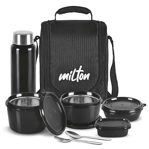Milton Pro Lunch Tiffin (3 Microwave Safe Inner Steel Containers, 180/320/450 ml; 1 Plastic Chutney Dabba,100 ml; 1 Aqua Steel Bottle, 750 ml, Steel Spoon and Fork) With Insulated Fabric Jacket, Black