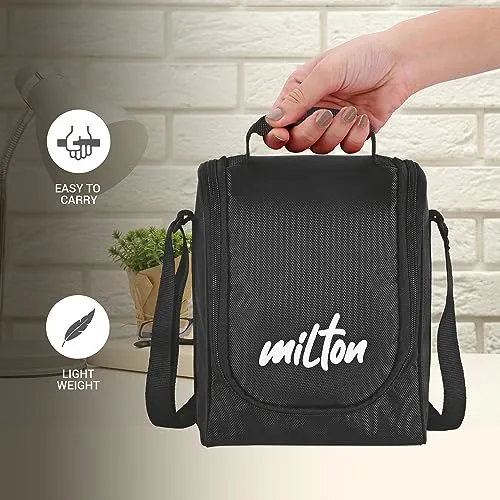 Milton Pro Lunch Tiffin (3 Microwave Safe Inner Steel Containers, 180/320/450 ml; 1 Plastic Chutney Dabba,100 ml; 1 Aqua Steel Bottle, 750 ml, Steel Spoon and Fork) With Insulated Fabric Jacket, Black