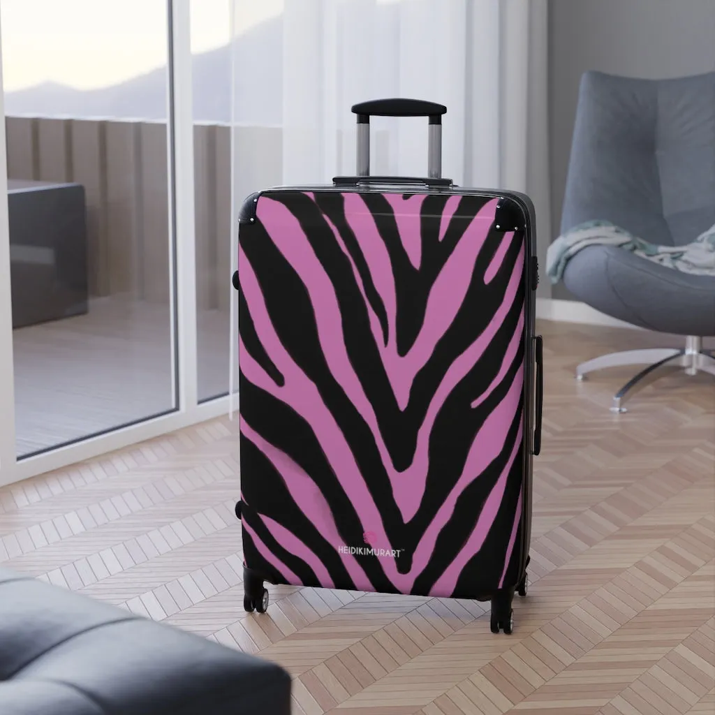 Pink Zebra Striped Print Suitcases, Zebra Striped Animal Print Designer Suitcase Luggage (Small, Medium, Large)