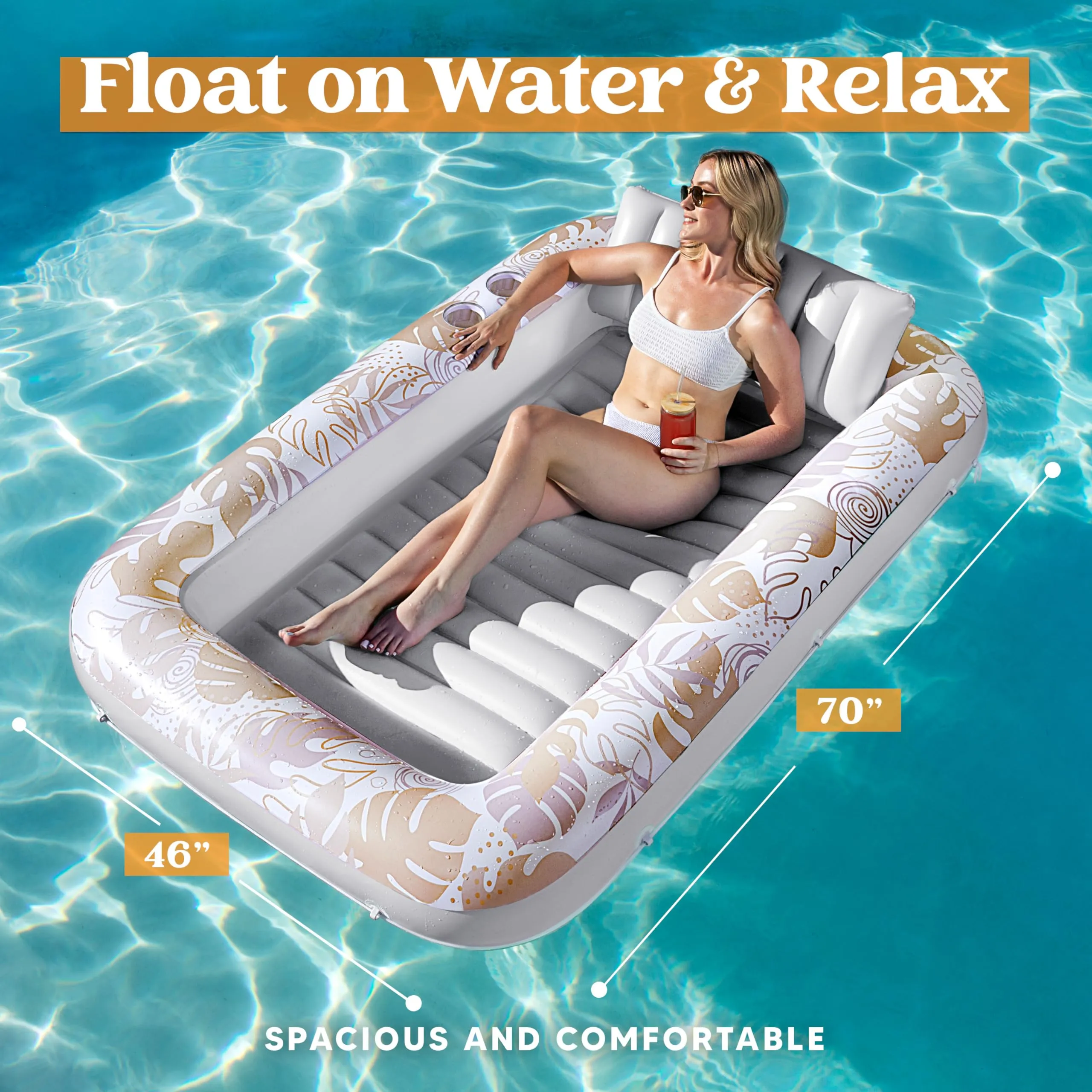 Sloosh Inflatable Tanning Pool Lounger Float for Adults, 70" x 46" Large Suntan Tub Pool Floats Sun Tan Tub Ice Bath Tub Tanning Bed Blow up Pool Raft Lounge Floatie, L-Oatmeal White