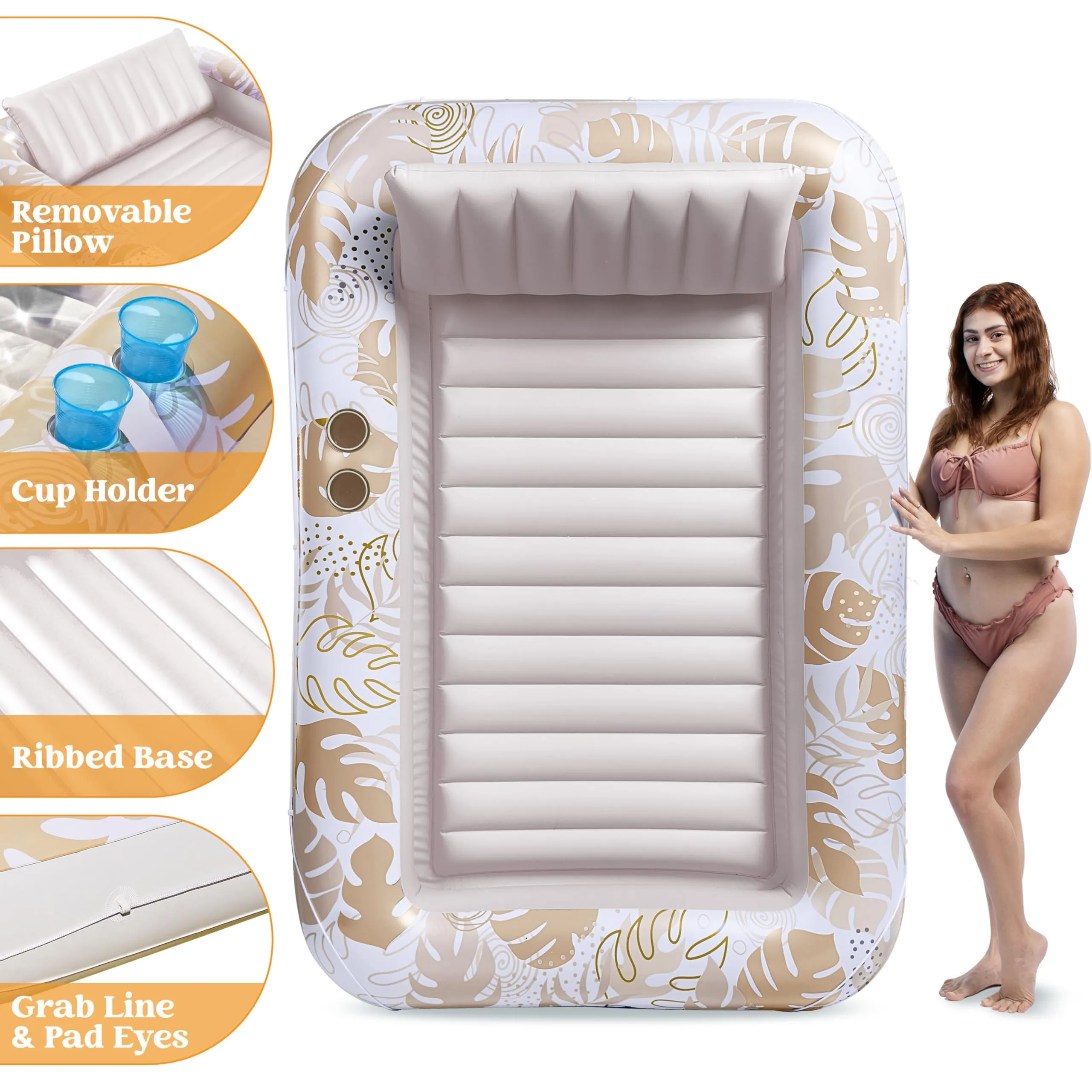Sloosh Inflatable Tanning Pool Lounger Float for Adults, 70" x 46" Large Suntan Tub Pool Floats Sun Tan Tub Ice Bath Tub Tanning Bed Blow up Pool Raft Lounge Floatie, L-Oatmeal White