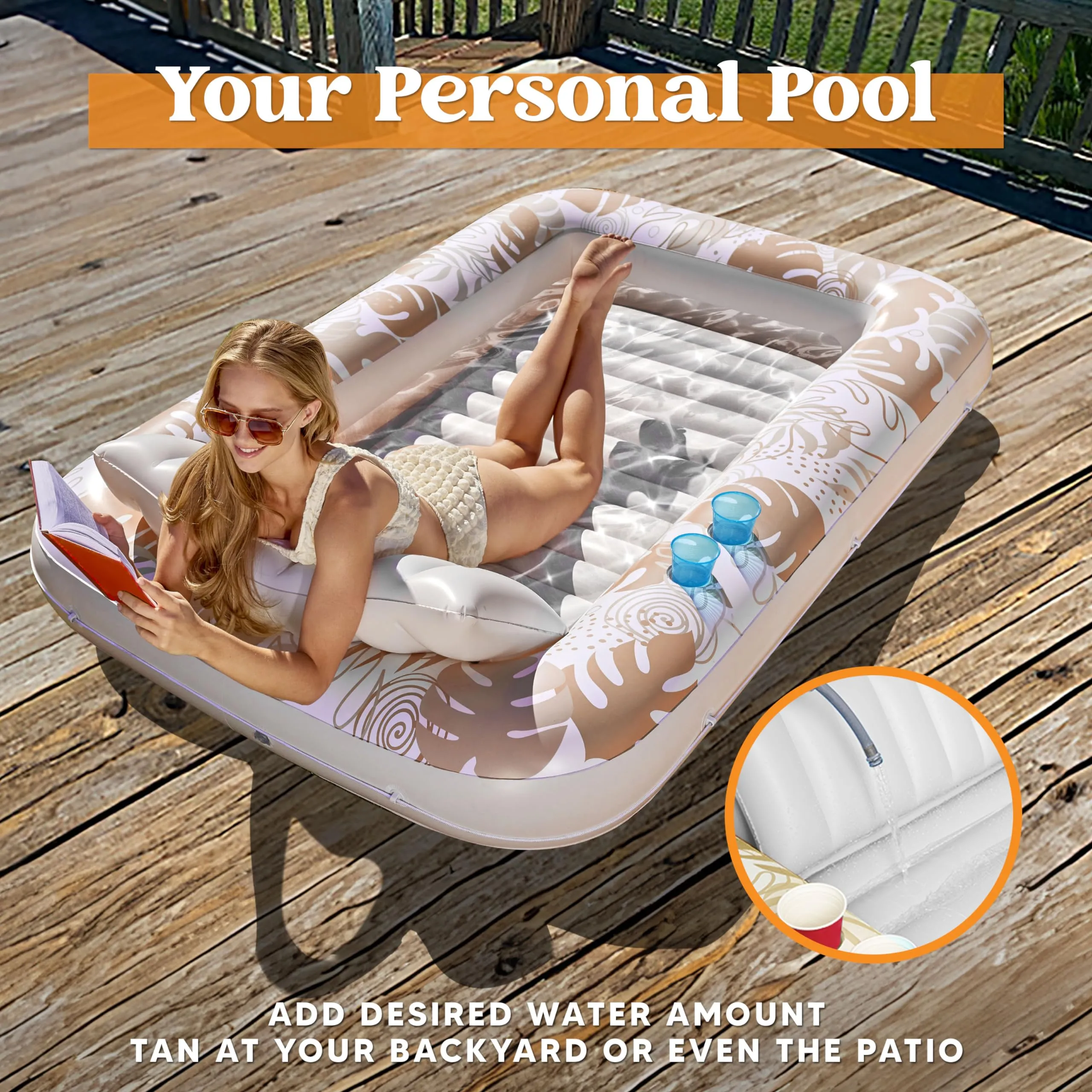 Sloosh Inflatable Tanning Pool Lounger Float for Adults, 70" x 46" Large Suntan Tub Pool Floats Sun Tan Tub Ice Bath Tub Tanning Bed Blow up Pool Raft Lounge Floatie, L-Oatmeal White