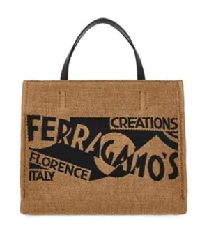 Tote Bag With Logo (S) Raffia and Calf Honey/Black