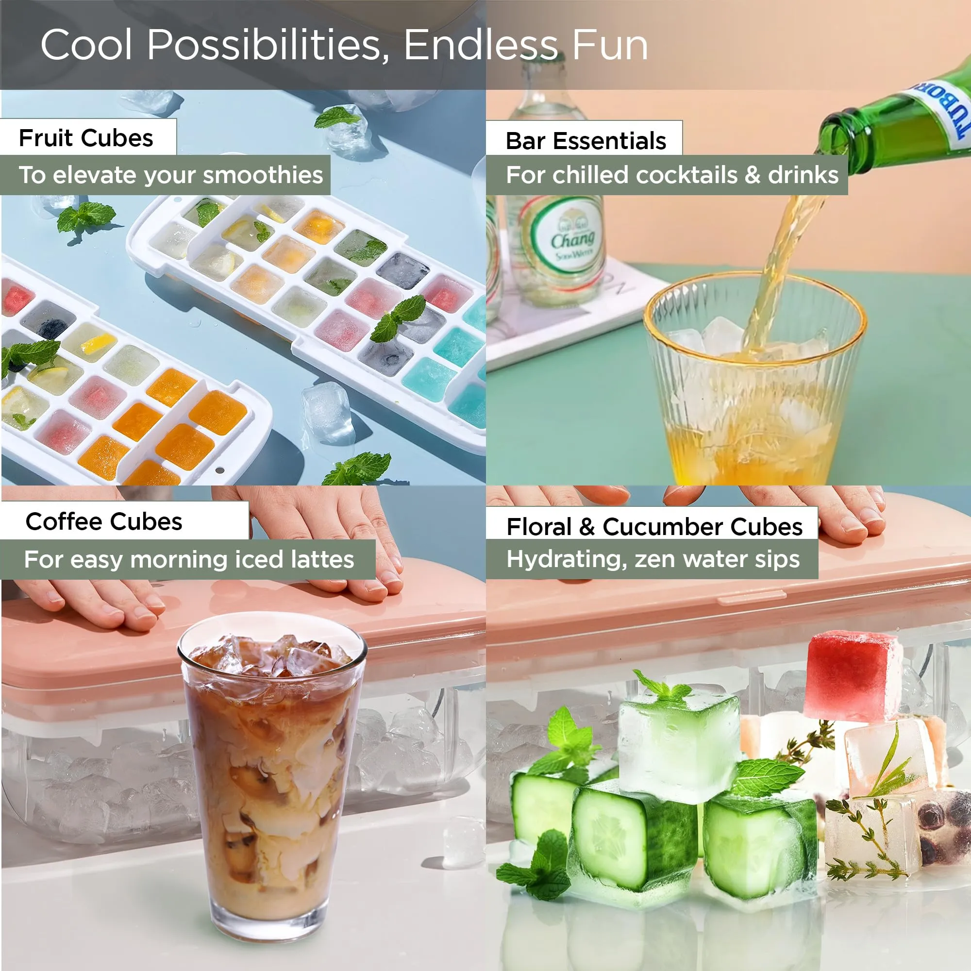 UMAI Ice Cube Trays with Scoop | 24 compartments | One-Press Demolding | Ice Cubes for Whiskey Cocktails Soft Drinks Juices | BPA Free | Pink