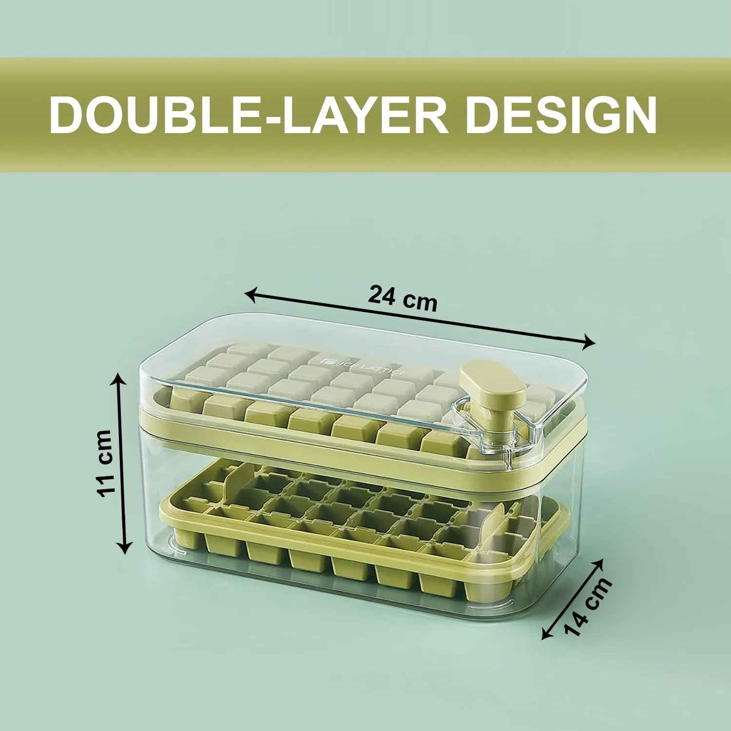 Urbane Home 2 Layer Ice Cube Tray with Lid | Ice Cube Storage Box with Ice Scoop | 64 Ice Cube Molds for Freezing | One-Press Demolding | BPA Free | Green