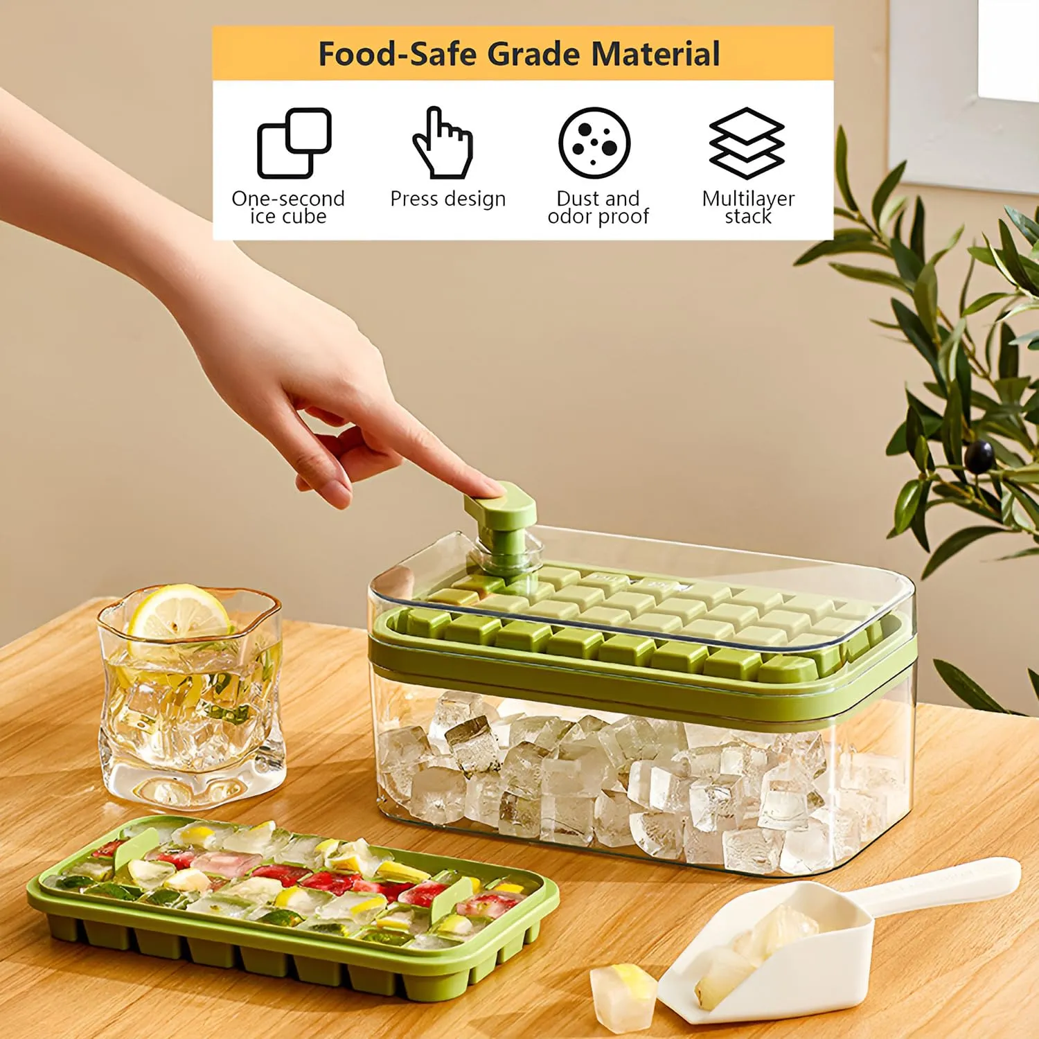 Urbane Home 2 Layer Ice Cube Tray with Lid | Ice Cube Storage Box with Ice Scoop | 64 Ice Cube Molds for Freezing | One-Press Demolding | BPA Free | Green