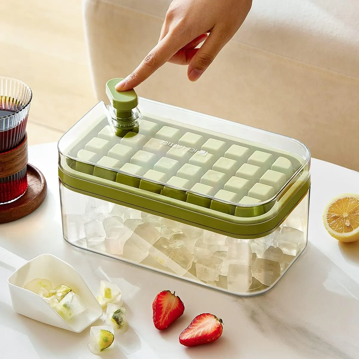 Urbane Home 2 Layer Ice Cube Tray with Lid | Ice Cube Storage Box with Ice Scoop | 64 Ice Cube Molds for Freezing | One-Press Demolding | BPA Free | Green