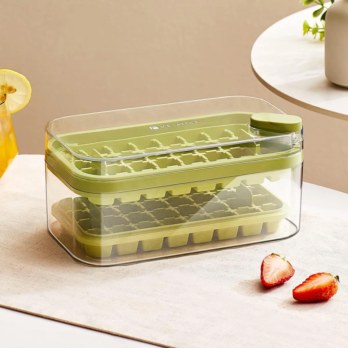Urbane Home 2 Layer Ice Cube Tray with Lid | Ice Cube Storage Box with Ice Scoop | 64 Ice Cube Molds for Freezing | One-Press Demolding | BPA Free | Green