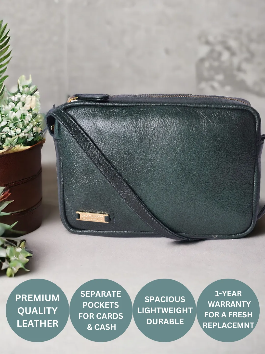 UrbanEase Compact Green Leather Sling